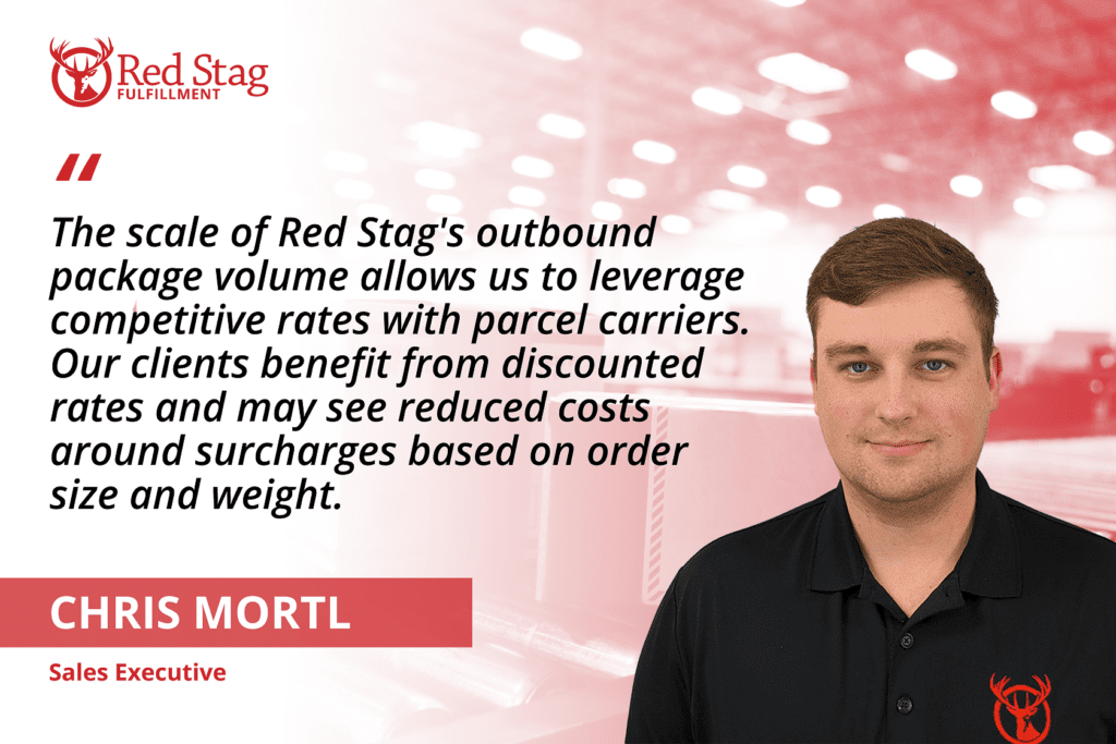 Red Stag's Chris Mortl says: The scale of Red Stag's outbound package volume allows us to leverage competitive rates with parcel carriers. Our clients benefit from discounted rates and may see reduced costs around surcharges based on order size and weight.