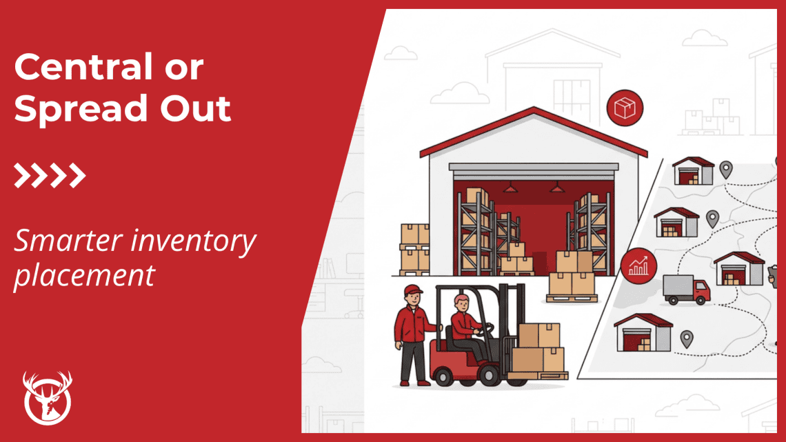 visual representation of centralized inventory management with orders flowing at different speeds to locations near and far