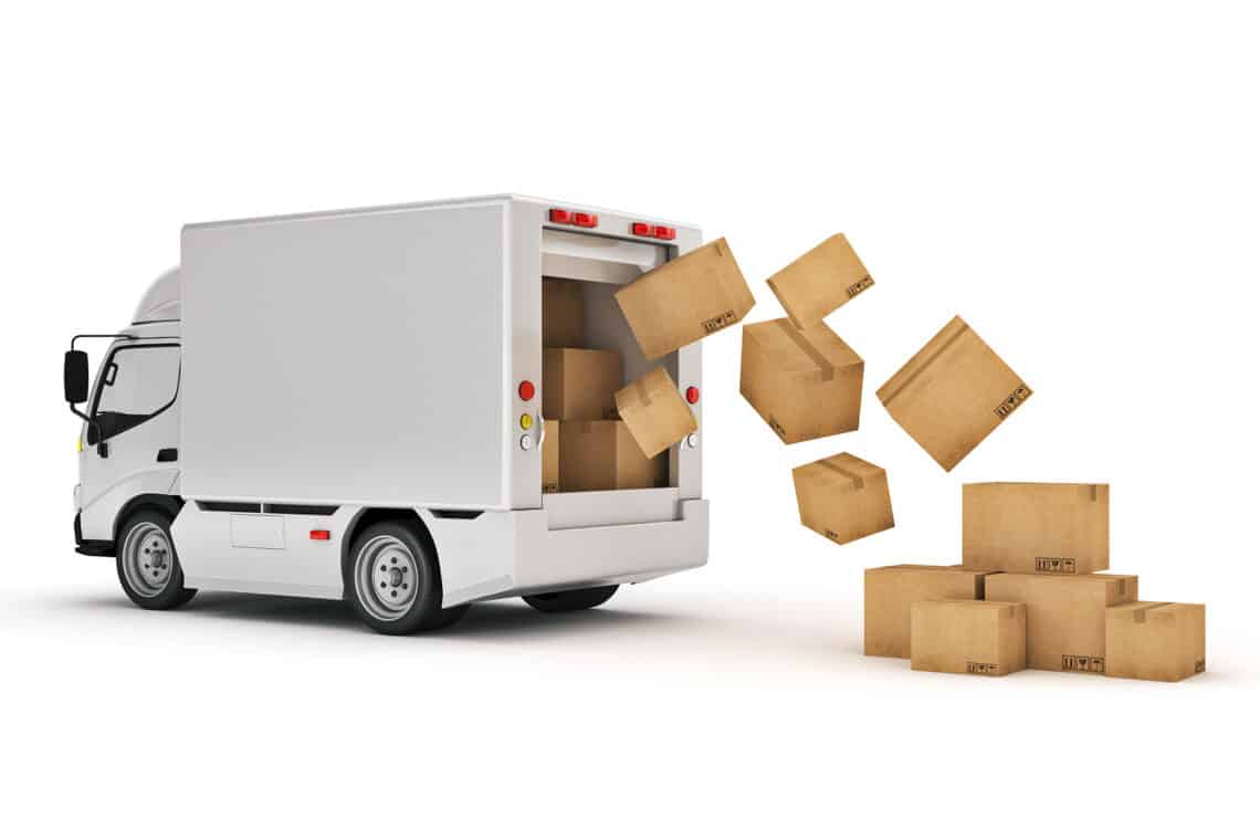 eCommerce shipping with various boxes falling out of the truck