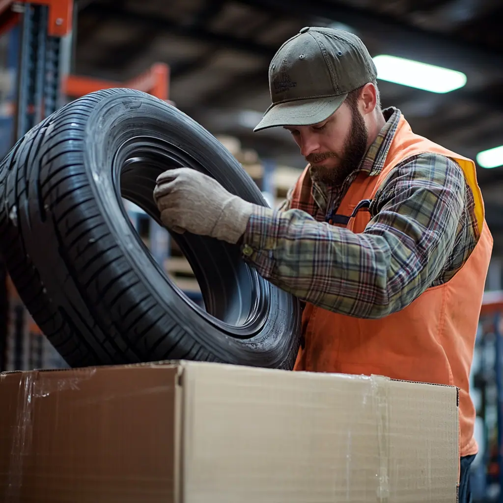 Man placing tire into a box