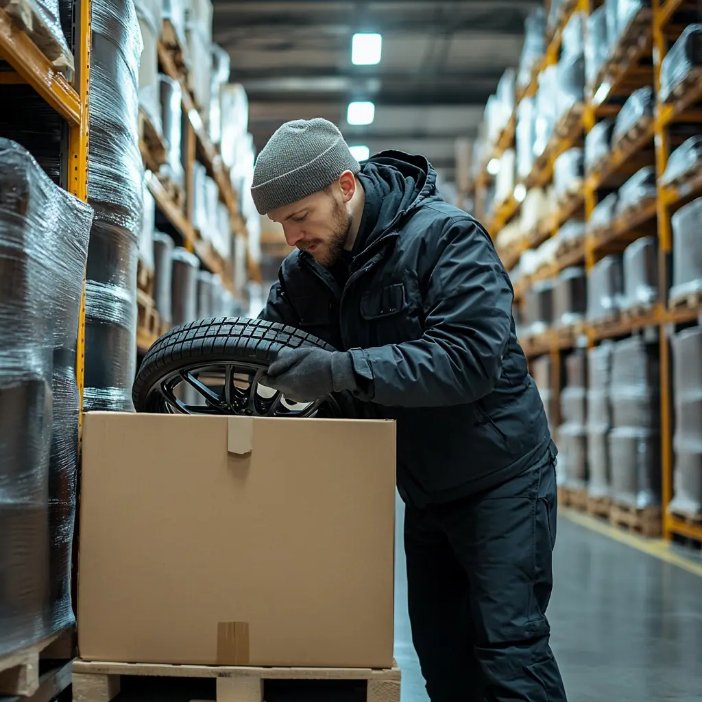 Man placing tire with rim into a box