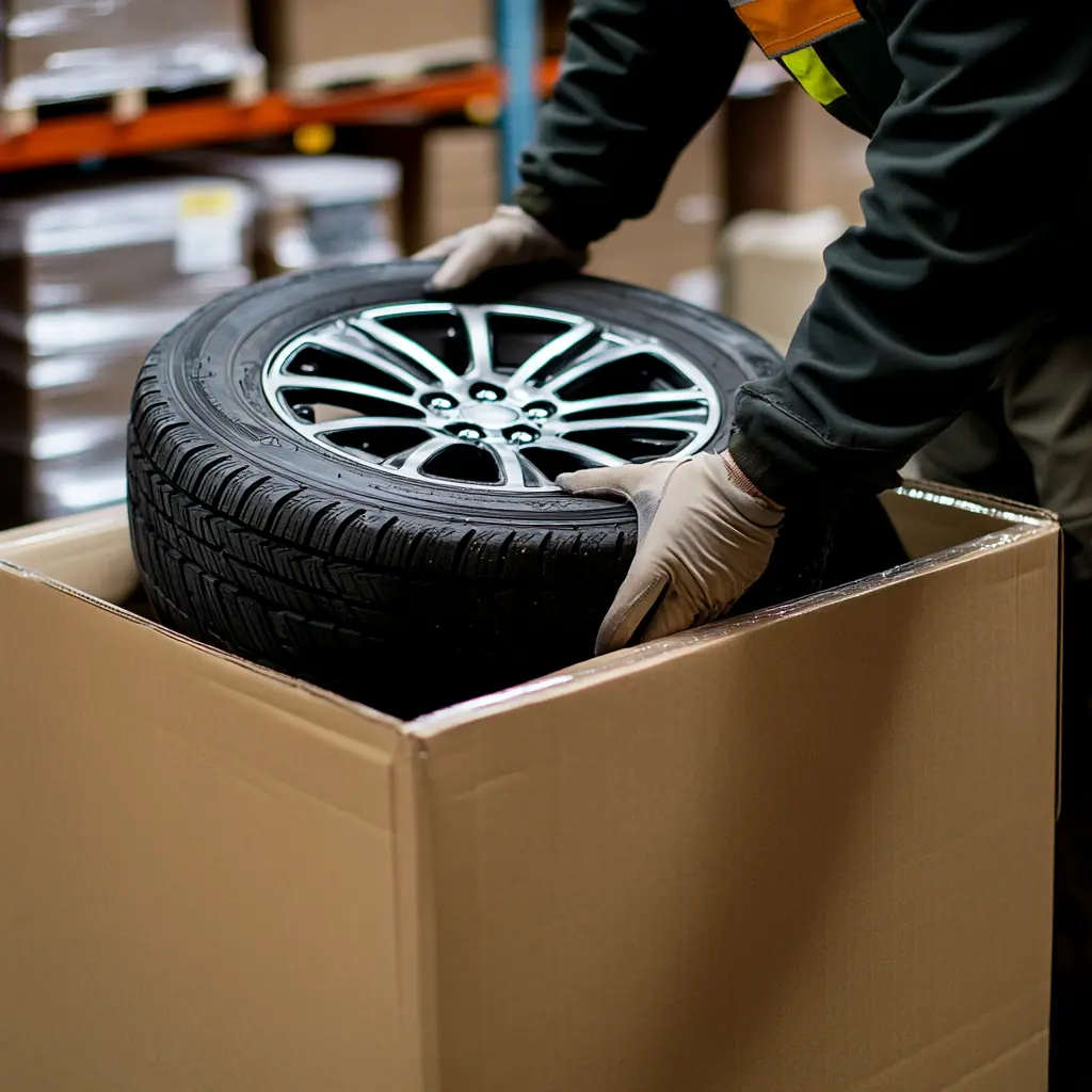 Placing a tire into a box