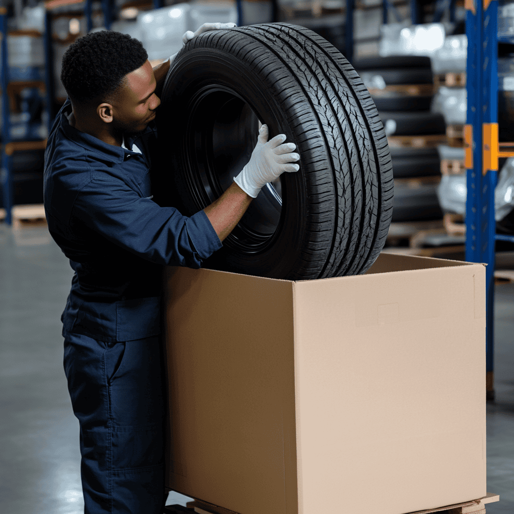 Warehouse worker shipping a tire