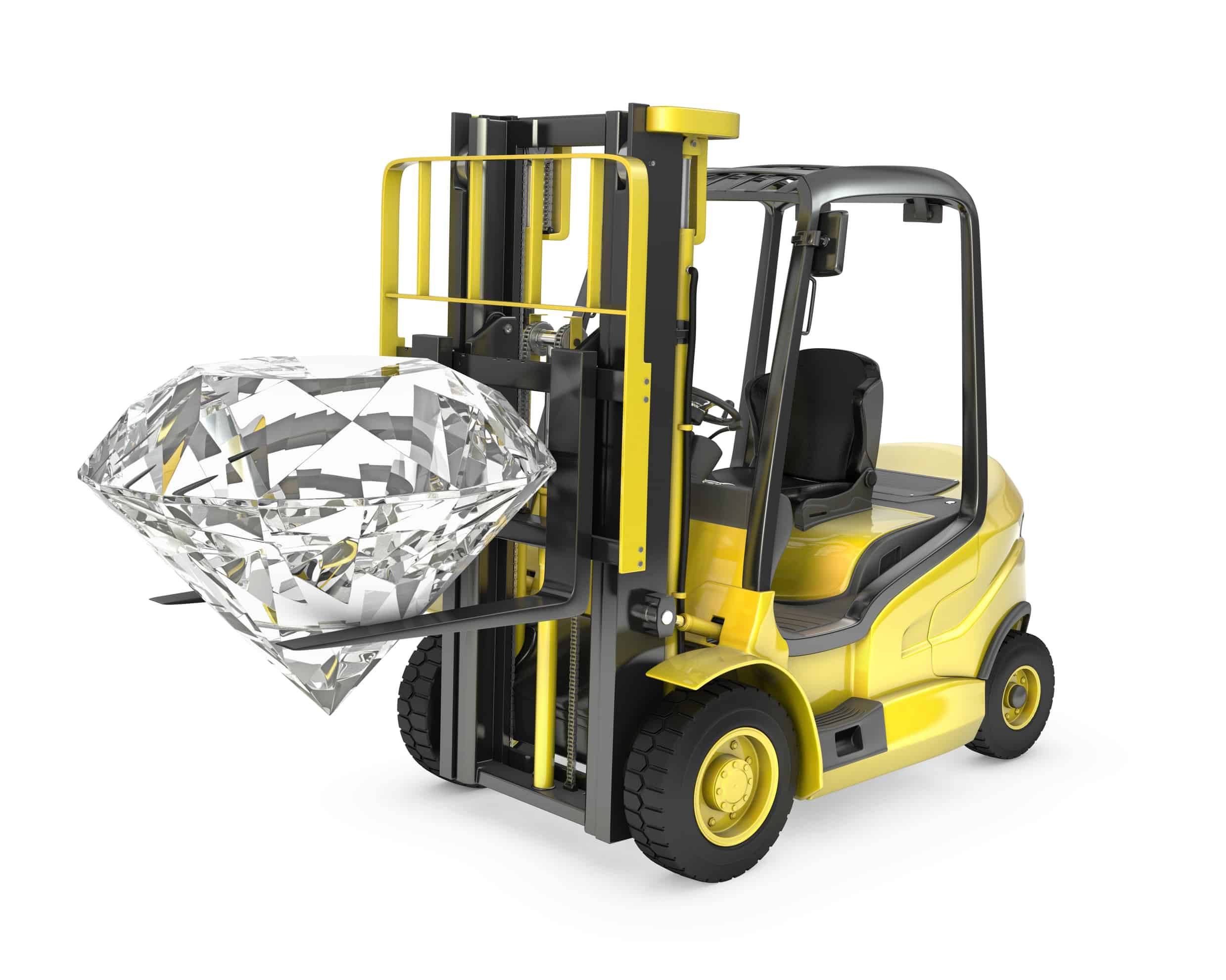 "Fork lift truck lifts round cut diamond, isolated on white background"