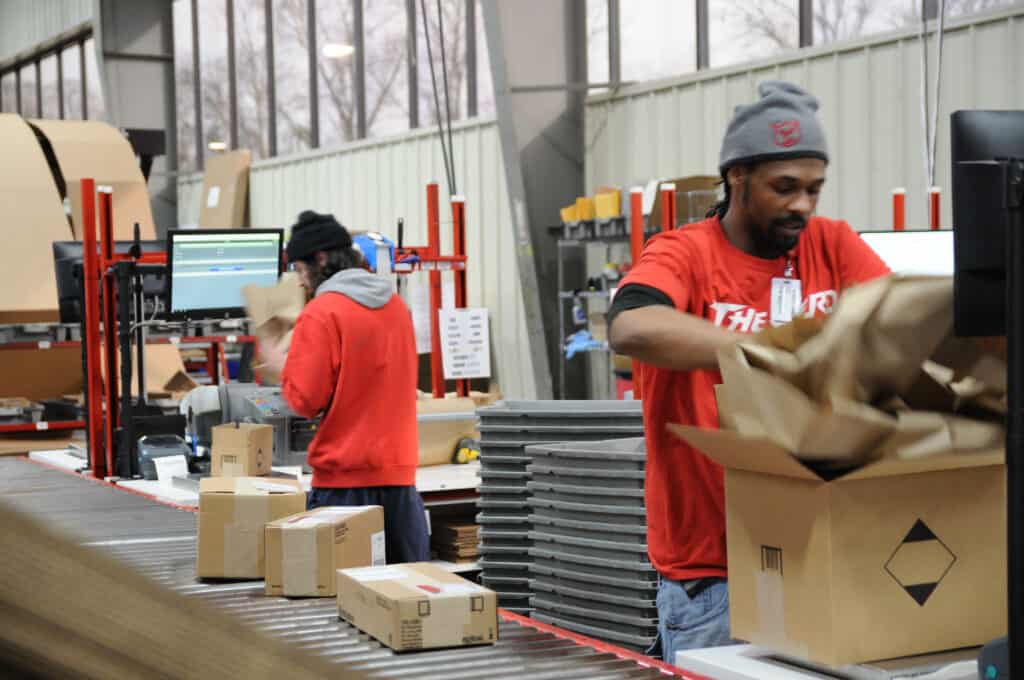 Picking and packing inside the Red Stag fulfillment warehouse