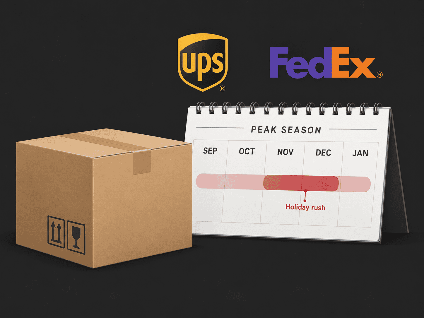 UPS and FedEx logos above a peak-season calendar beside a shipping box.